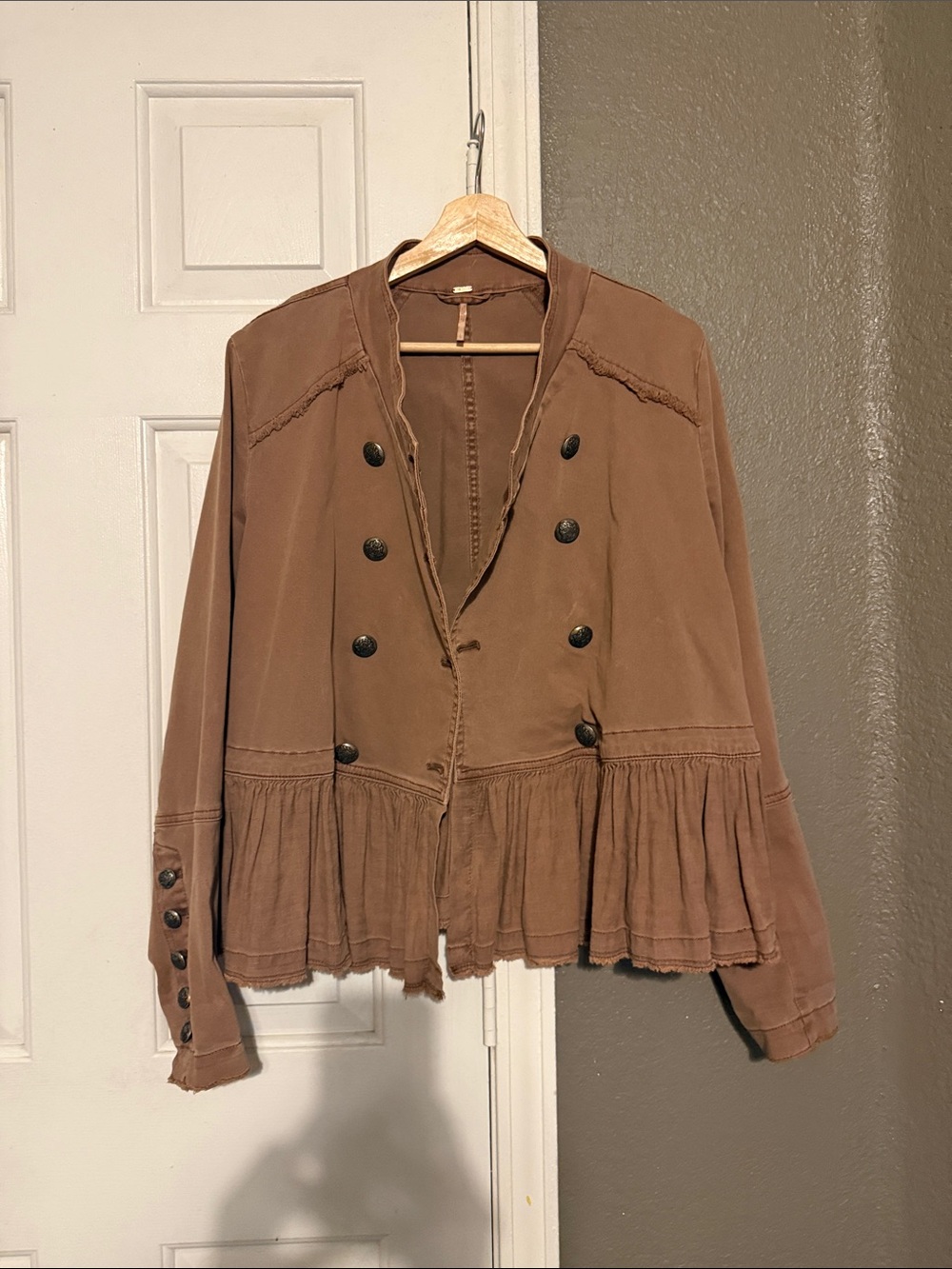Free People Brown Double-Breasted Ruffle Hem Jean Jacket